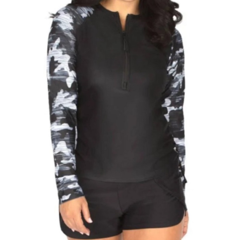 Free Country Black Grey Sun Block Camo Print SZ L UPF 50+ Outdoor Athletic Top - Picture 13 of 14